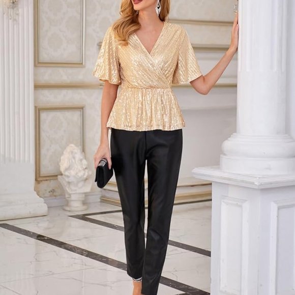 Sequin Ruffle Gold Wrap Blouse - M - Picture 3 of 10